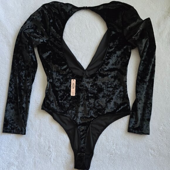 NWT Victoria's Secret size M/L black velvet deep v neck thong open back bodysuit - Picture 2 of 5